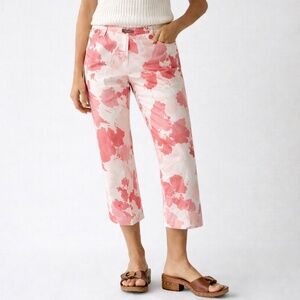 Ann Taylor Petites Wide Leg Cotton Ivory & Coral Floral Print Cropped Pants 6P
